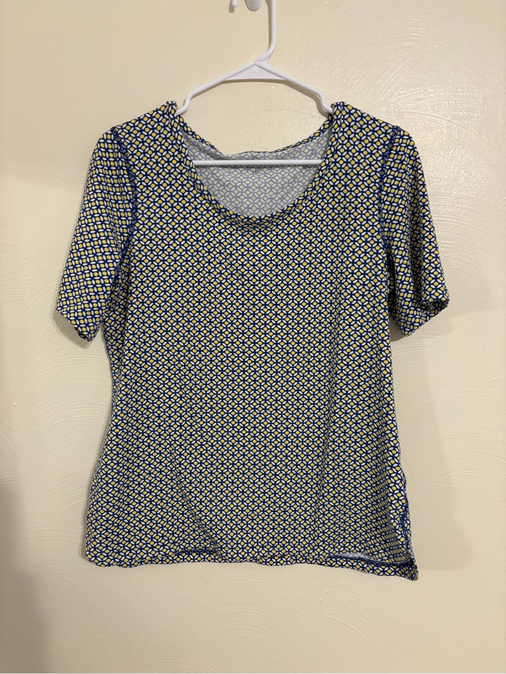 T by Talbots Large Blue Yellow Geometric Print Short Sleeve Top Stretch